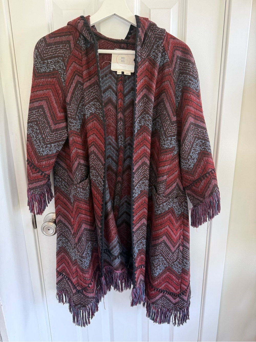 Anthropologie Hei Hei Hooded Fringe Cardigan - Red & Gray Chevron